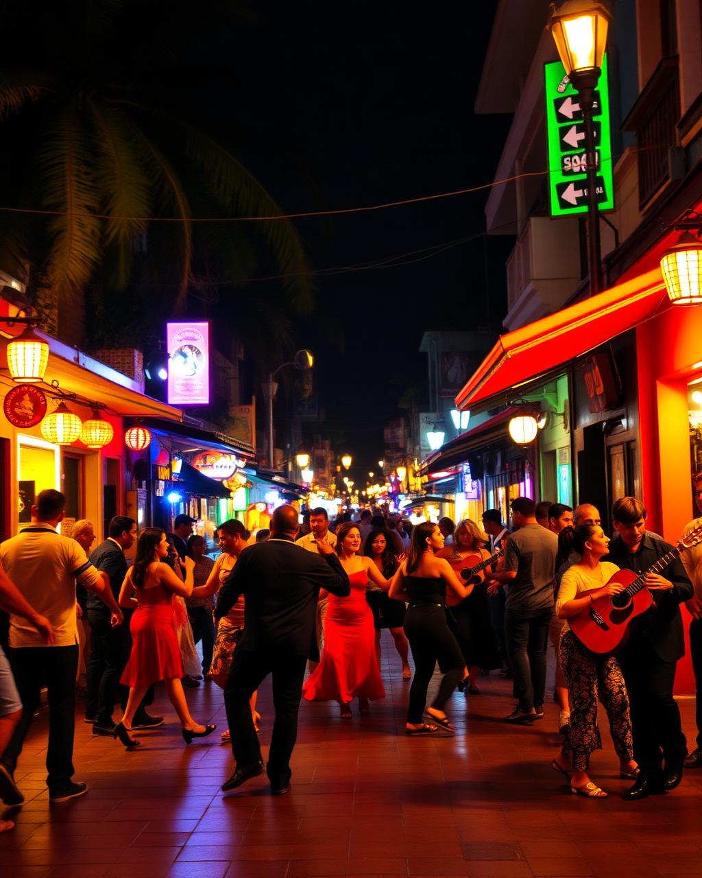 Rue latine la nuit — danse, musique, lumières chaudes