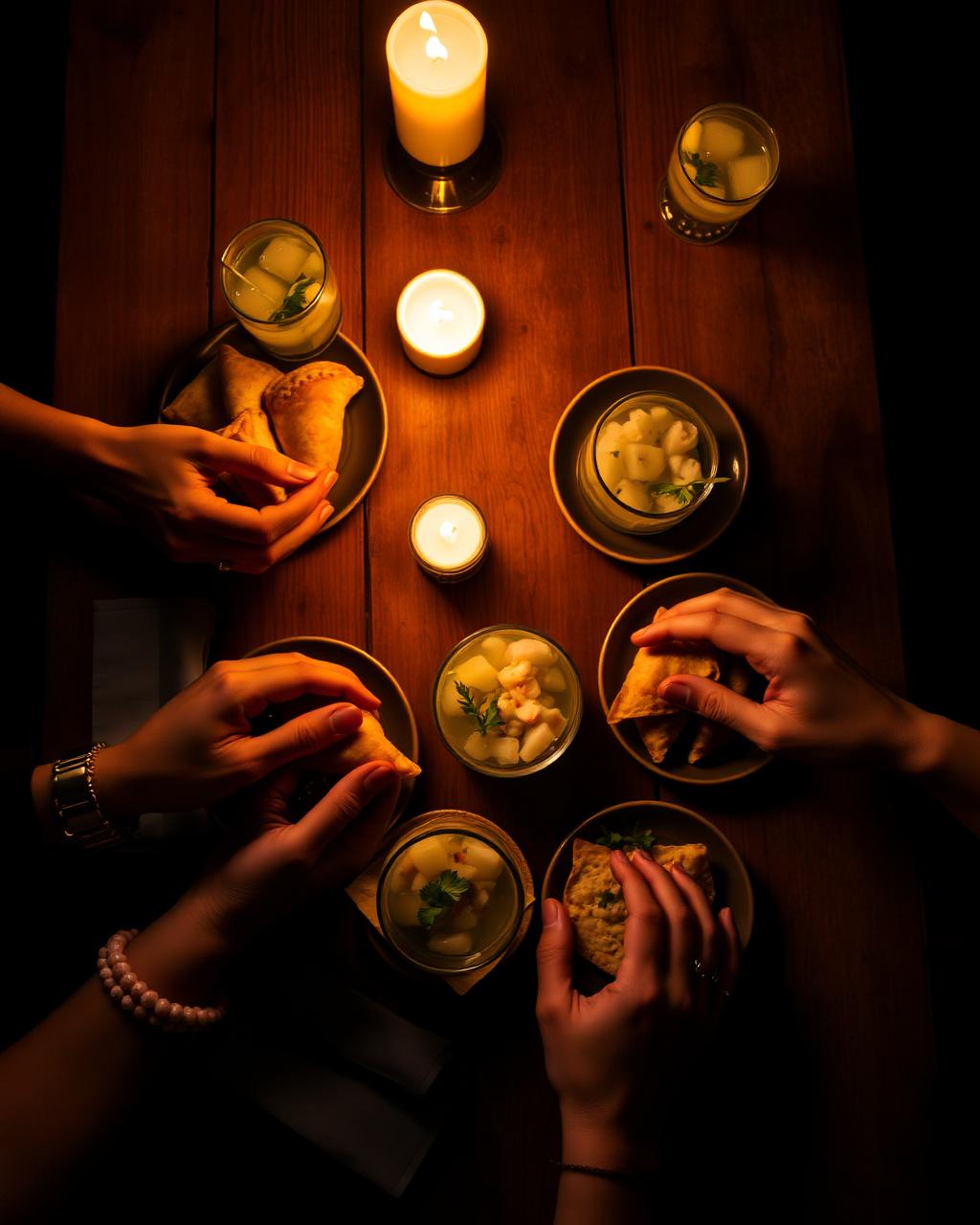 Tapas partagées autour d'une table à la bougie